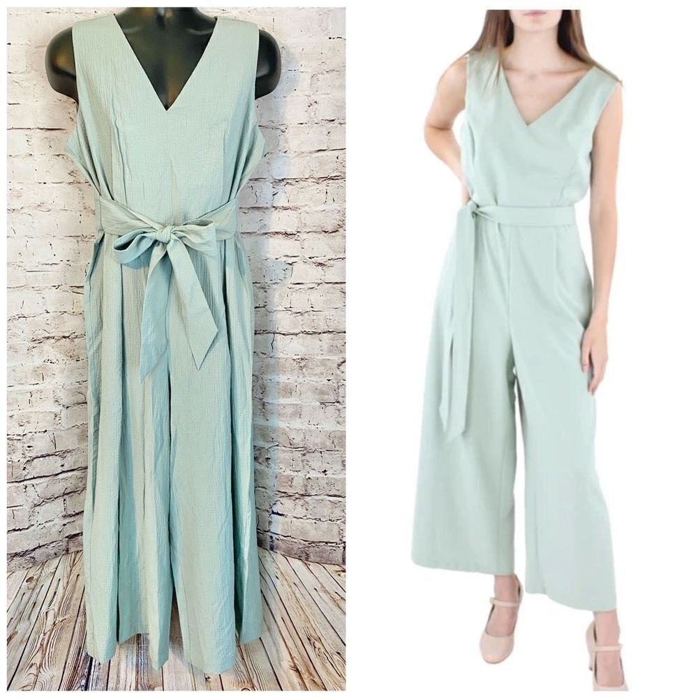 Calvin Klein Women's Sage Green Jadette Jumpsuit Wide Leg Tie Waist Size 14